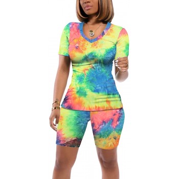 Sieanear Women 2 Piece Tie Dye Outfits V Neck Casual Tracksuits Shorts Sets - BBMFZ6Q60