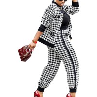 SOMTHRON Women’s Houndstooth Print 2 Piece Outfit Zip Up Long Sleeve Jacket Long Pants Set Work Suits Tracksuit - BAKQMPGBG