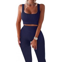 TWFRHC Women Workout Sets 2 Piece Ribbed Seamless High Waist Gym Outfit Yoga Leggings Sets 03navy Blue - B7FMOCSZL