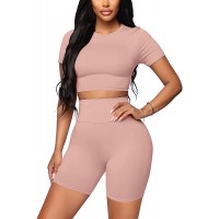 WIHOLL Two Piece Outfits for Women Short Sleeve Crop Tops and High Waist Shorts Sets - B8DANOZFP