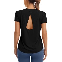 ATTRACO Short Sleeve Workout Tops for Women Fitted Mesh Cutout Back Running Yoga Shirts - BK2S86B05