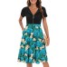 Casual A-Line Swing Dress for Women High Waist Pocket Midi Dress Short Sleeve Zipper V Neck Flower Dress - B7B3RUOFL