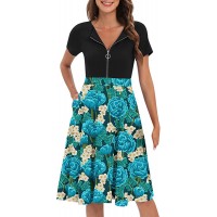 Casual A-Line Swing Dress for Women High Waist Pocket Midi Dress Short Sleeve Zipper V Neck Flower Dress - B7B3RUOFL