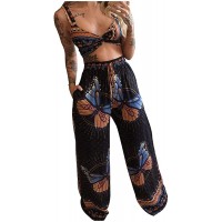 Forwelly Women's Two Piece Outfits Set Cute Butterfly Printed Cami Tops+Long Wide Leg Pants Suit Summer Beachwear - BRBJDUY4A