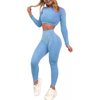 HAGGIS Women Workout Sets 2 Piece Outfits Seamless High Waited Leggings & Crop Tops Activewear Set - B5XSJXP1M