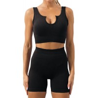 Hopsooken Workout Sets for Women 2 Piece Seamless Ribbed Sport Bra Crop Tank Top High Waist Shorts Yoga Outfits - BQWGHL1E9
