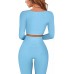 Koscacy Women's Workout Sets Two Piece Outfits Seamless Long Sleeve Crop Tops Ribbed High Waist Leggings Bodycon Sets - BAGVSWVNA