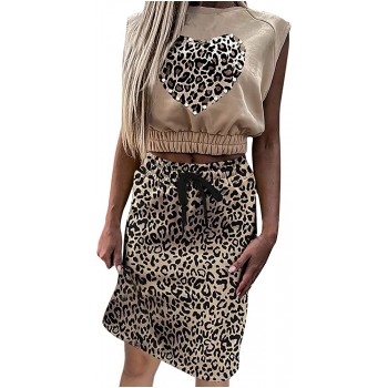Leopard Heart Print Tank Top Two Piece Outfits for Women Skirt Set Sleeveless Shirts Drawstring Pencil Skirt Set Romper - B89SBEG3I