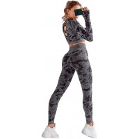 MANON ROSA Workout Sets Women 2 Piece Gym Outfit Seamless Yoga Clothes Long Sleeve Crop Top High Waist Legging Exercise Fitness Activewear Camouflage Grey Large - BYBXWQFHR