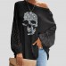 Women Halloween Sweatshirts Skull Print Tshirt Cold Shoulder Sweater Top Long Sleeve Tunics Plus Size Tees - BPVQH8AT1