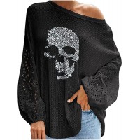 Women Halloween Sweatshirts Skull Print Tshirt Cold Shoulder Sweater Top Long Sleeve Tunics Plus Size Tees - BPVQH8AT1