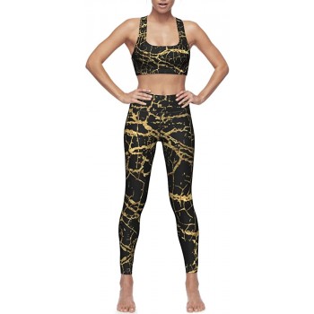 Women'S Workout 2 Pcs Sets Gold Black Marble High Waist Yoga Legging Sets Sport Outfits - B2NMNBLJC