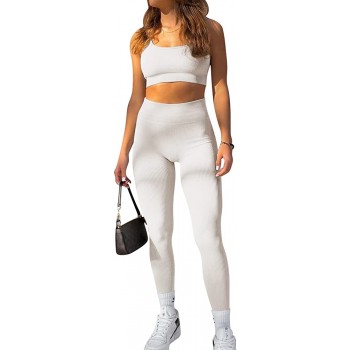 Workout Outfits for Women 2 Piece Seamless Sport Bra High Waist Ribbed Leggings Gym Yoga Sets - BZVU4HUAQ