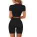 Workout Sets for Women 2 Piece Outfits Seamless Ribbed Two Way Zip Short Sleeve Crop Top High Waist Shorts Yoga Gym Sets - B99SIFN88