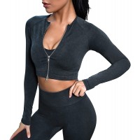 Workout Sets for Women Seamless Ribbed Two Piece Outfits for Women Long Sleeve Zipper Up Tracksuit Suits for Women Set - BLKL4K3NP